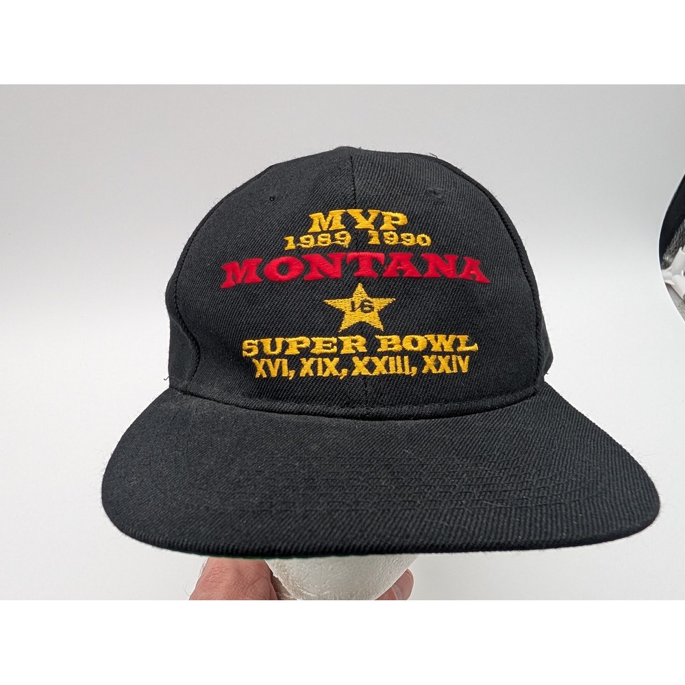 Vintage LA Gear Joe Montana MVP Super Bowl Snapback Hat Black Green Underbrim